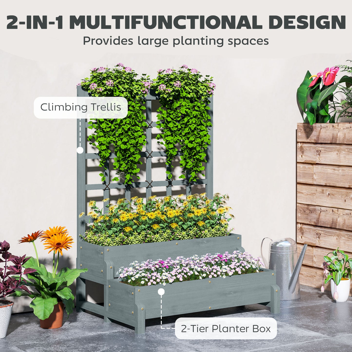 Outsunny 2 Tier Raised Garden Bed With Trellis Wooden Planter Box Drainage Holes Garden For Climbing Plants Grey