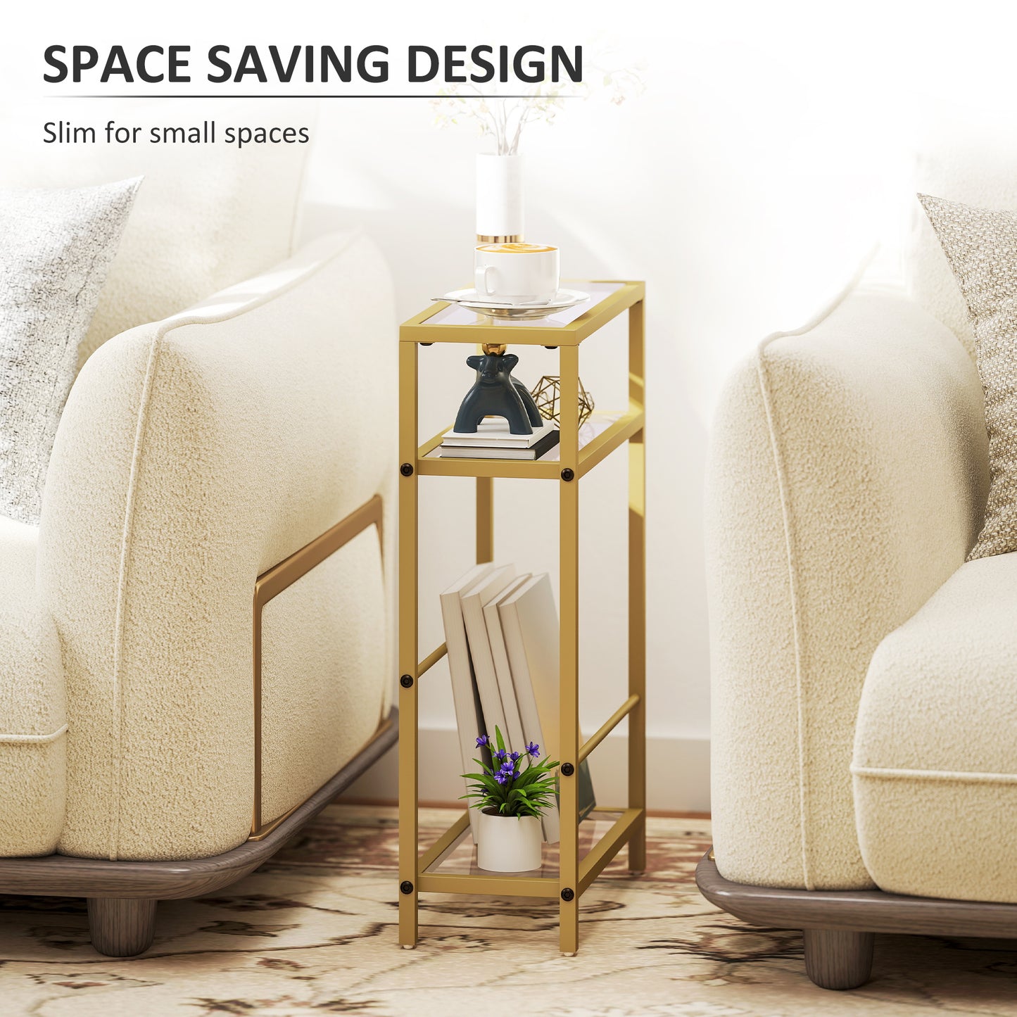 HOMCOM 3-Tier Slim Side Table 18 Cm Wide With Storage Shelf And Tempered Glass Top For Small Spaces Gold Tone