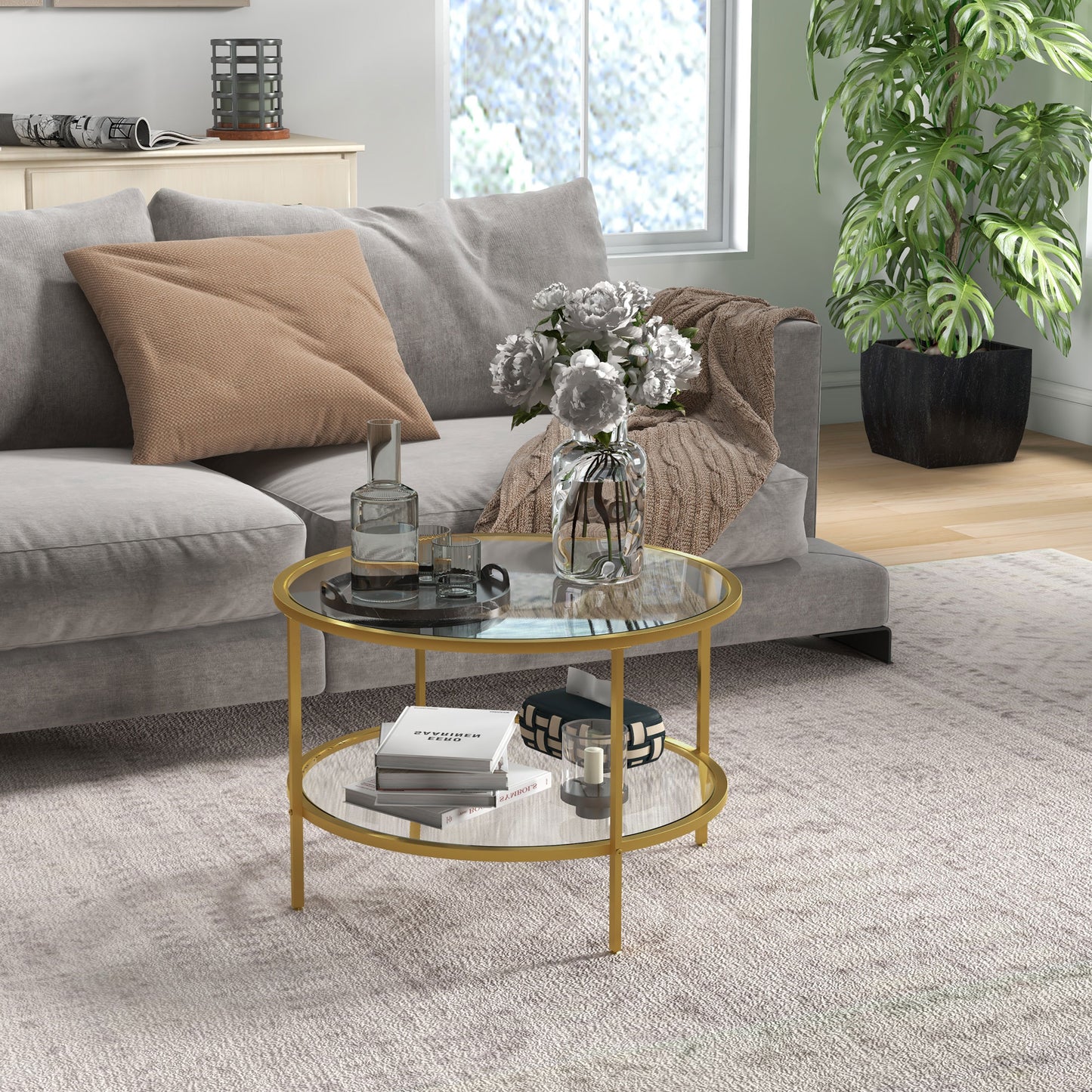 HOMCOM Round Coffee Table With Storage Two Tier Tempered Glass Shelves Gold Tone Steel Frame For Living Room