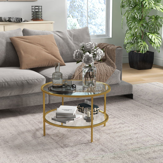 HOMCOM Round Coffee Table With Storage Two Tier Tempered Glass Shelves Gold Tone Steel Frame For Living Room