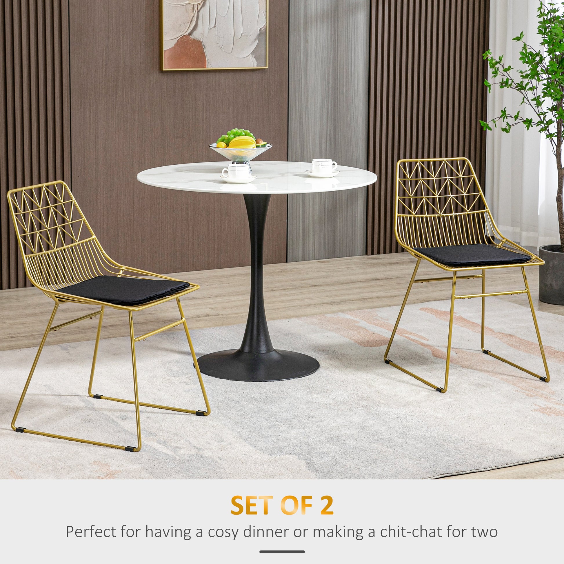 HOMCOM Elegant Gold Metal Dining Chairs Set of 2 with Velvet Cushions and Cut-out Design - ALL4U RETAILER LTD