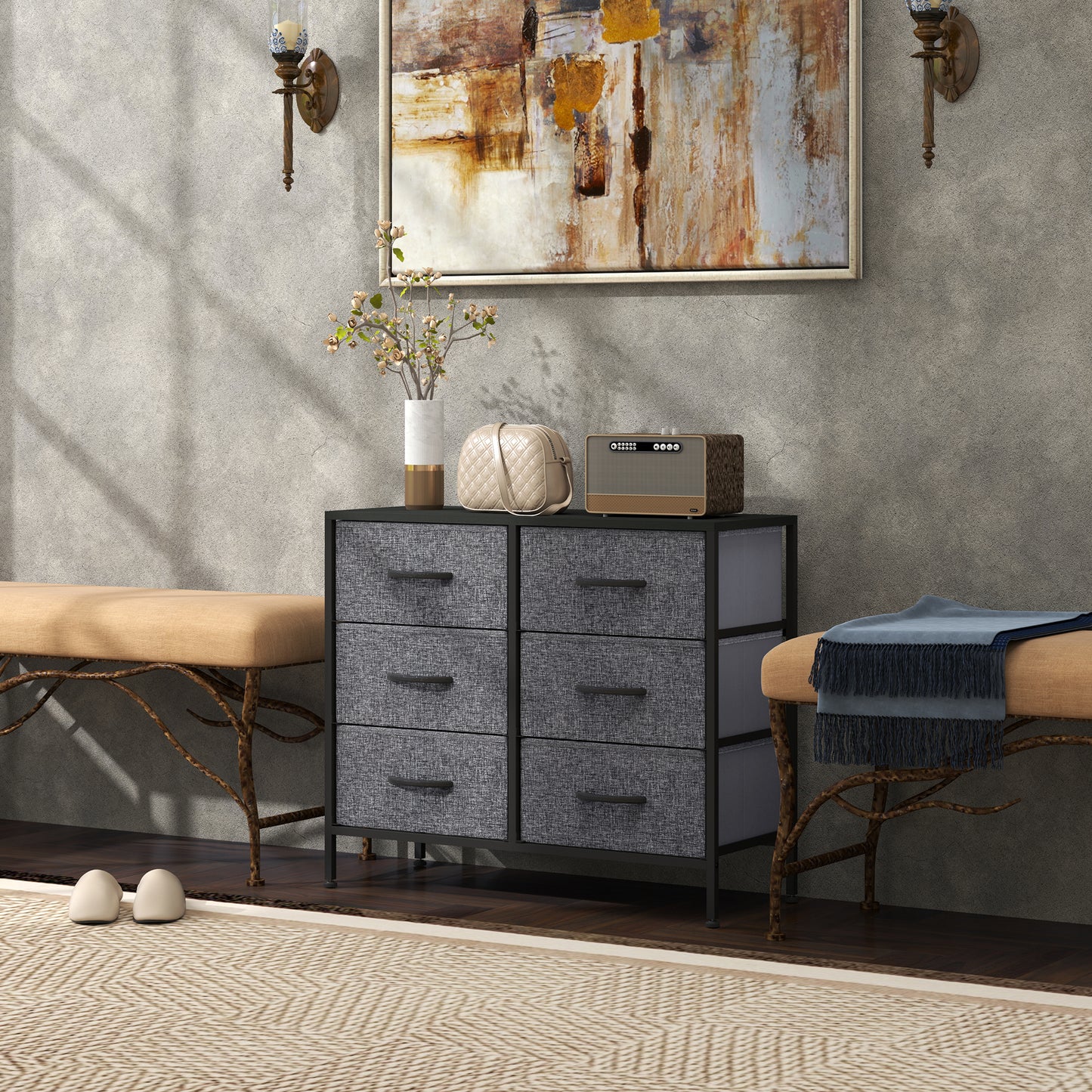 HOMCOM Fabric Chest Of Drawers With Steel Frame And Wooden Top Six Fabric Drawers Industrial Dresser Black