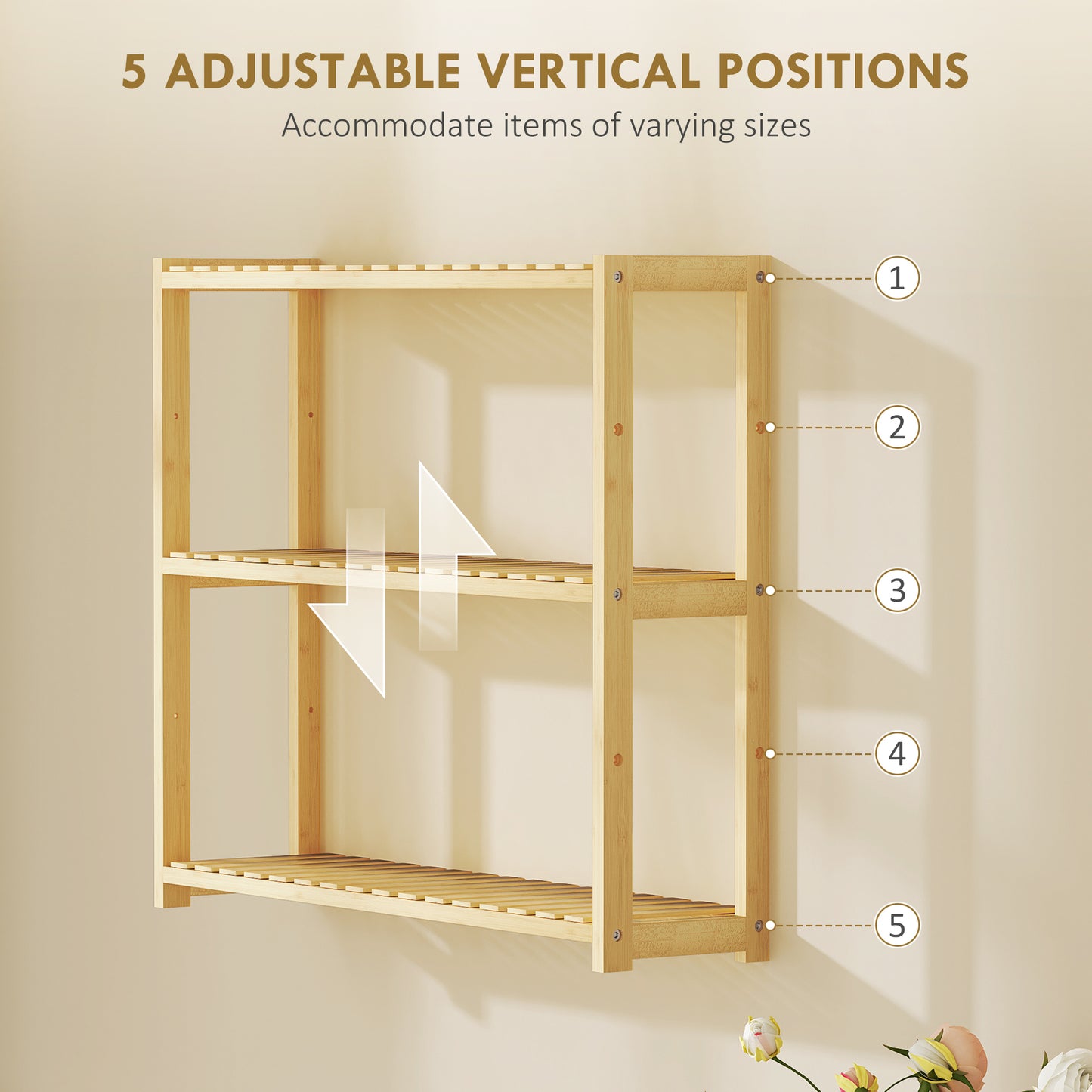 HOMCOM Three Tier Bamboo Bathroom Rack Natural Finish With Moisture Resistant Build And Five Position Shelves