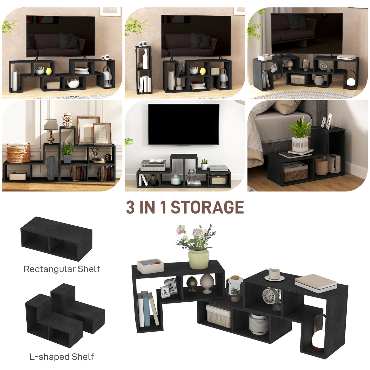 HOMCOM Three Block Modular TV Stand Black Wood Effect with Six Shelves for Up to 75 Inch Screens