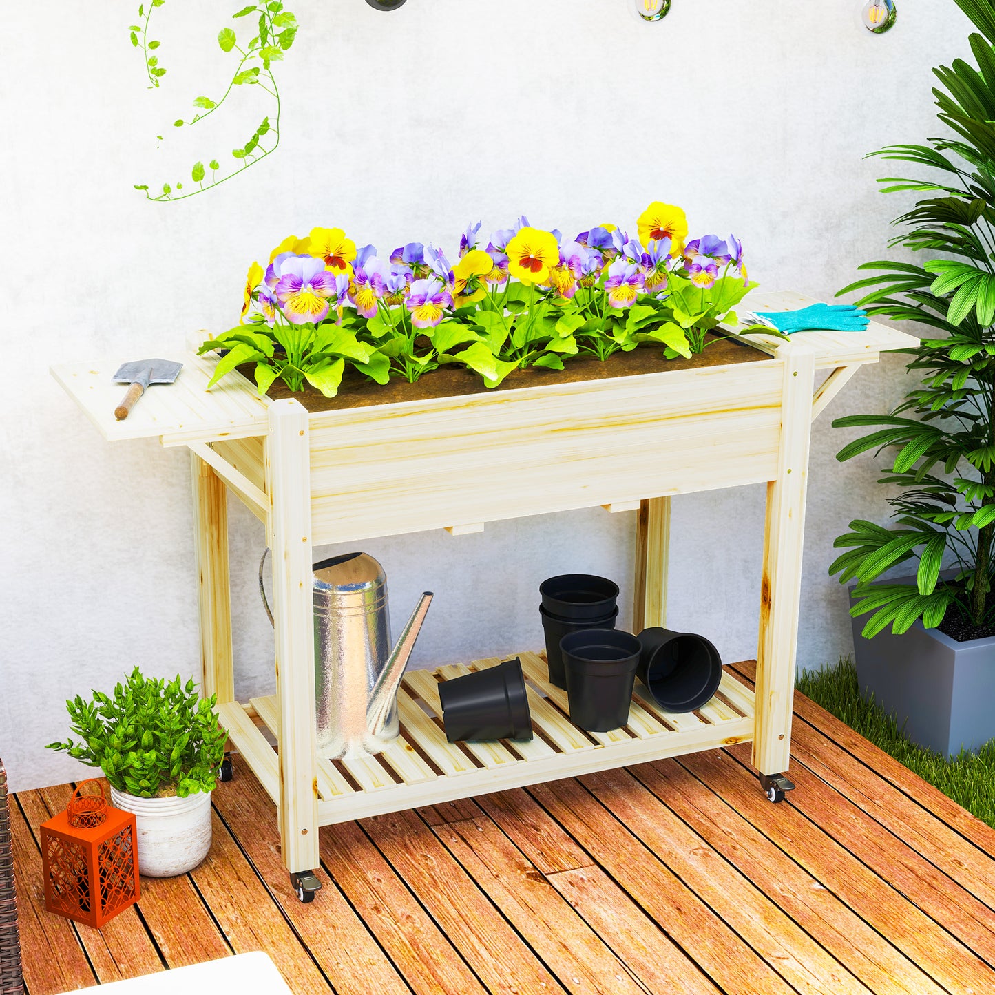 Outsunny 46 x 94cm Wooden Raised Planter With Shelves Natural Finish For Garden Patio Balcony Outdoor Use