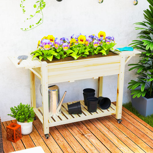 Outsunny 46 x 94cm Wooden Raised Planter With Shelves Natural Finish For Garden Patio Balcony Outdoor Use
