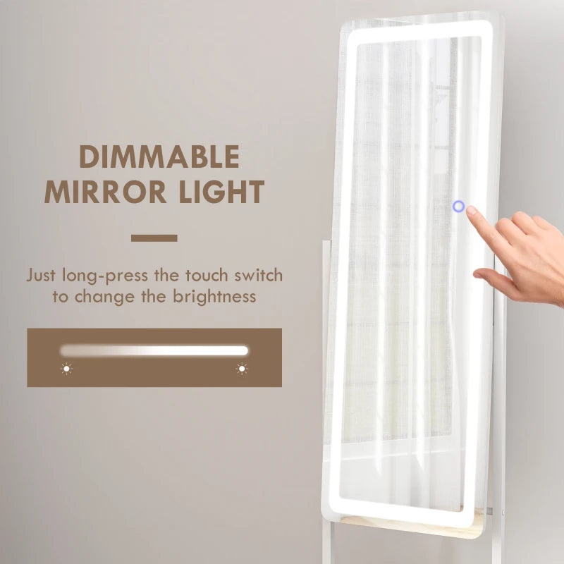 HOMCOM Free Standing Dressing Mirror with LED Lights, Full Length Mirror featuring 3 Temperature Colours and Convenient Storage Shelf - ALL4U RETAILER LTD