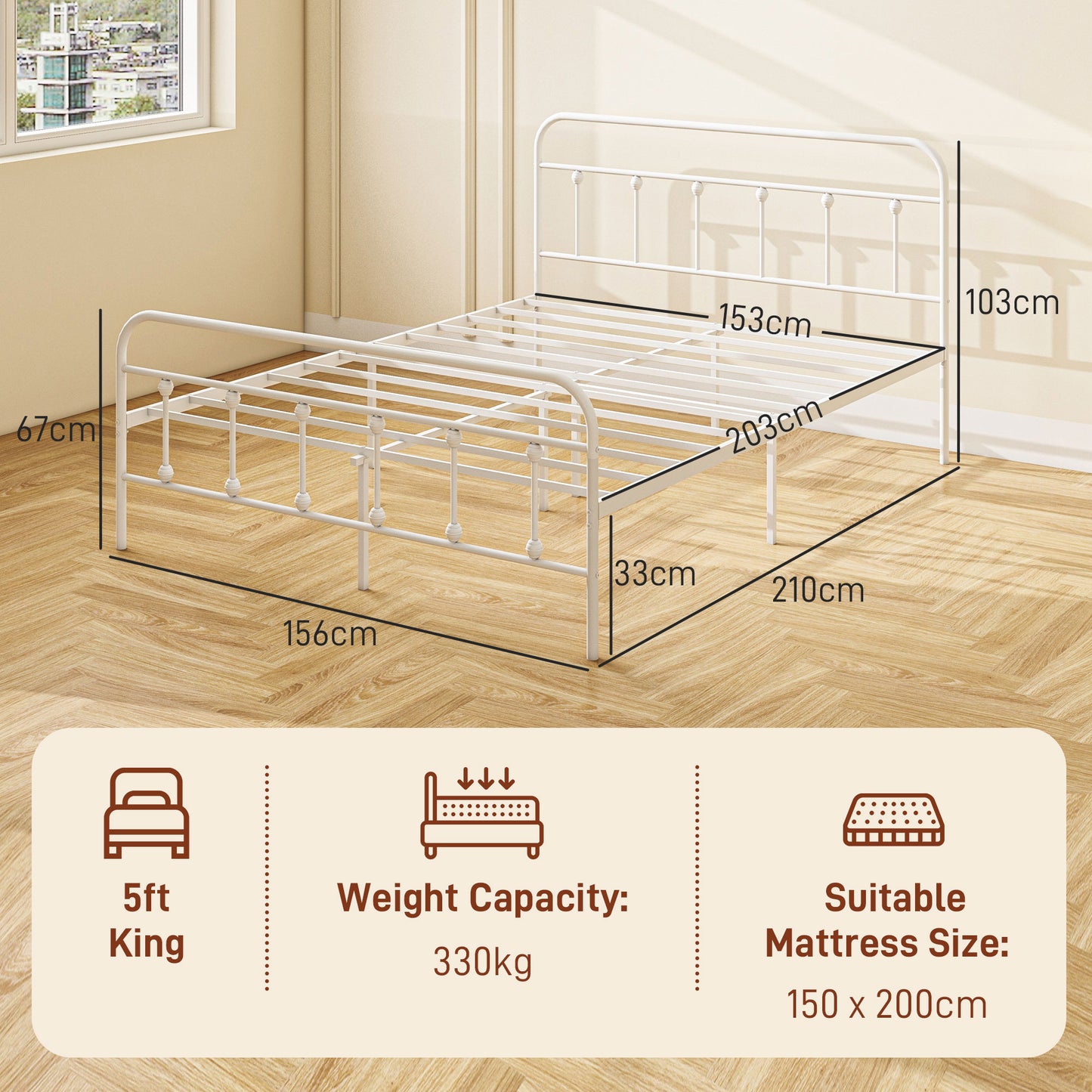 HOMCOM 5ft King Size Metal Bed Frame with Under-Bed Storage, Tall Headboard, Easy Assembly - No Box Spring Required, White Finish - ALL4U RETAILER LTD