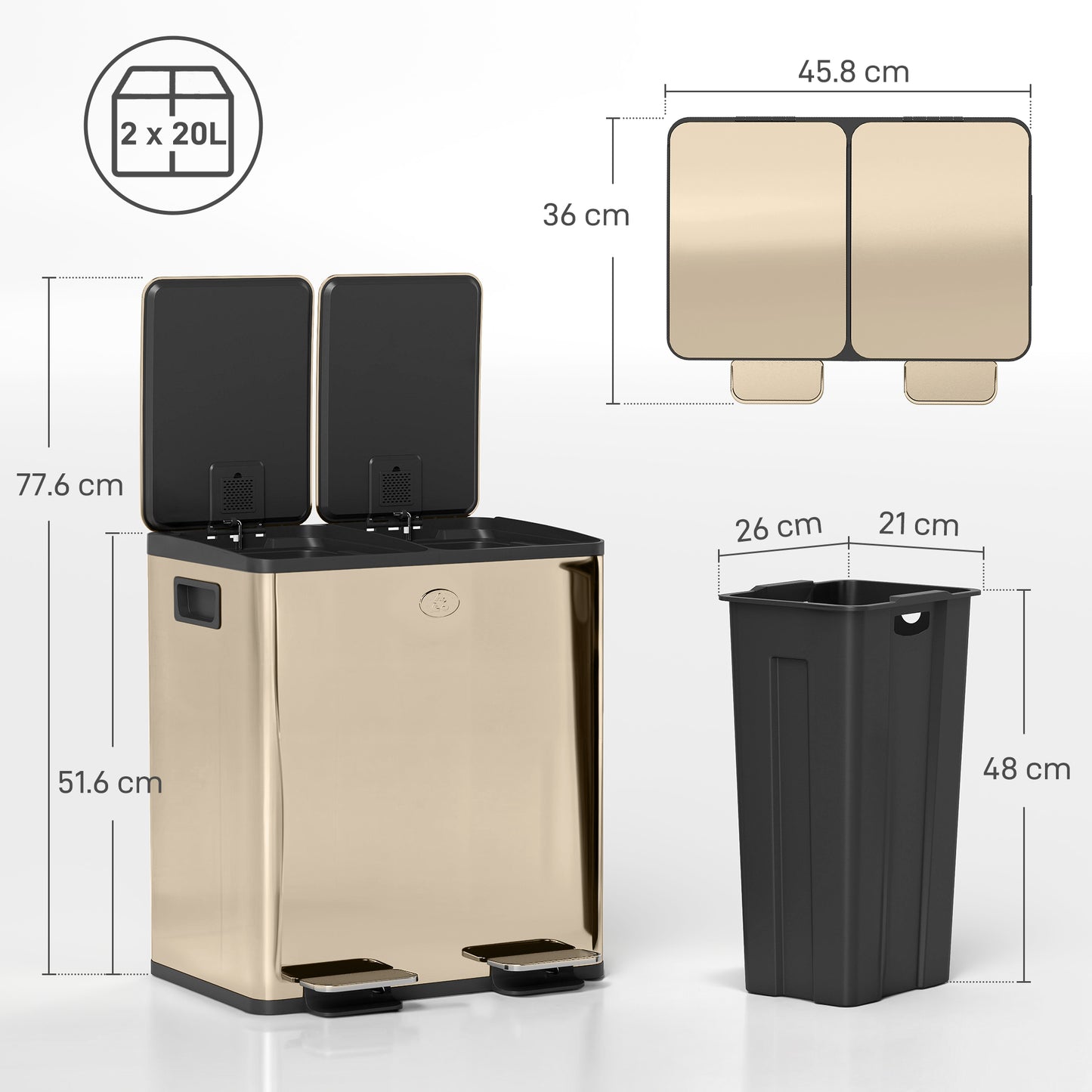 Homcom 40L Dual Compartment Stainless Steel Bin With Deodoriser Holders Gold Tone
