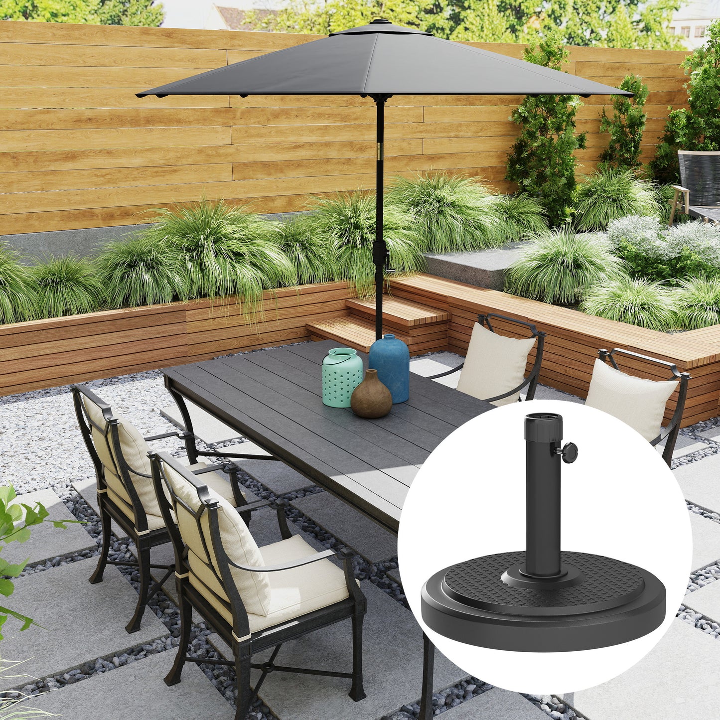 Outsunny 22kg Garden Parasol Base Round HDPE Sun Umbrella Base Heavy Duty For 38mm Or 48mm Poles Black