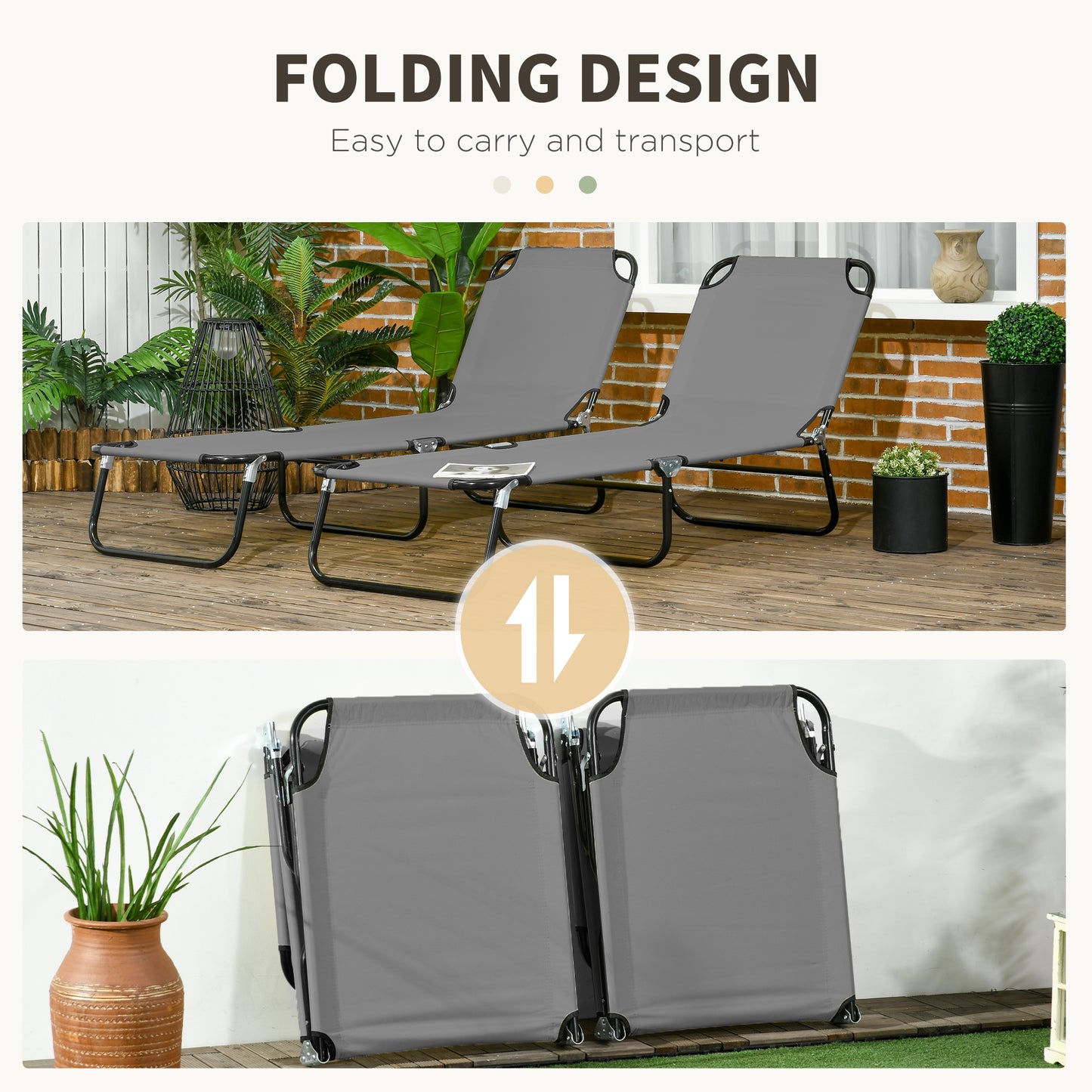 Outsunny Folding Sun Loungers Set Of 2 Five Position Adjustable Backrests Mesh Recliners For Beach And Patio Dark Grey