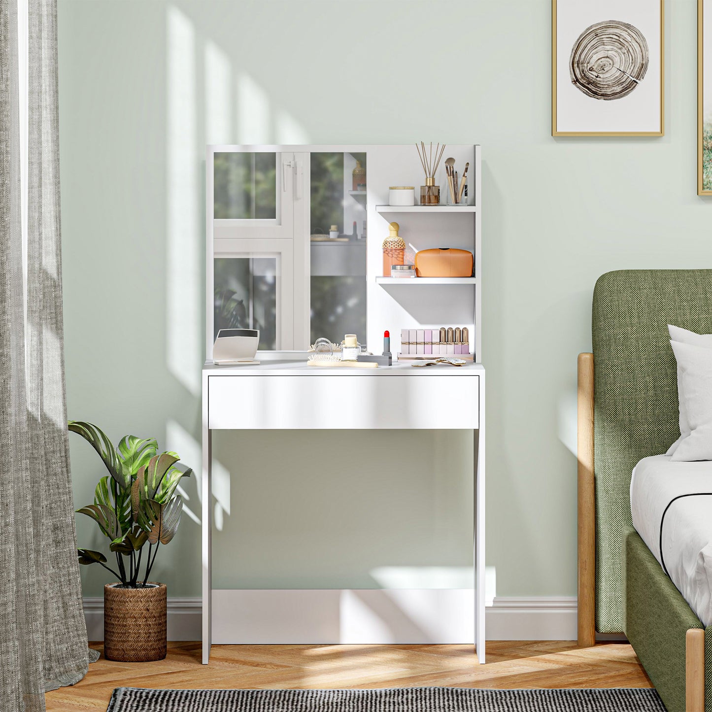 HOMCOM Dressing Table With Mirror And Storage In White Finish For Vanity Desk With Broad Surface And Large Drawer