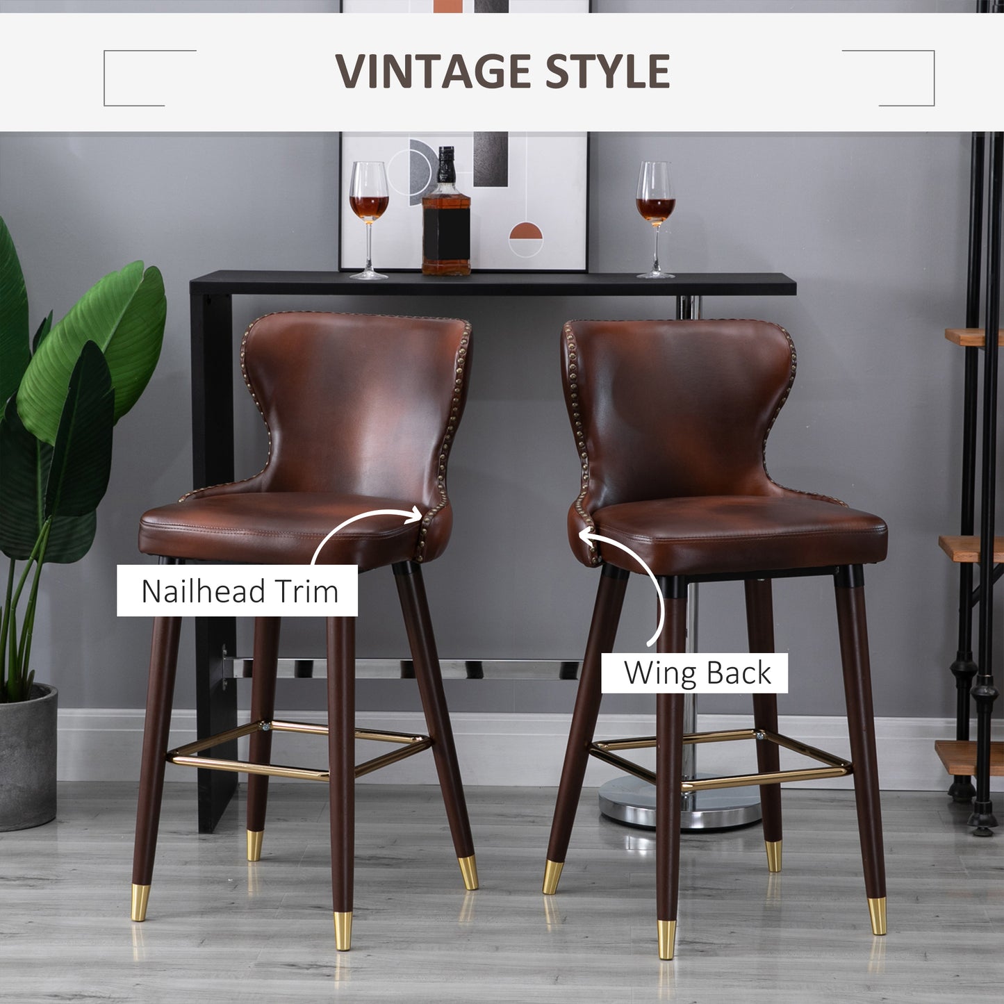 HOMCOM Set of 2 Elegant PU Leather Retro Bar Stools with Backrest - Brown and Gold Accents - ALL4U RETAILER LTD