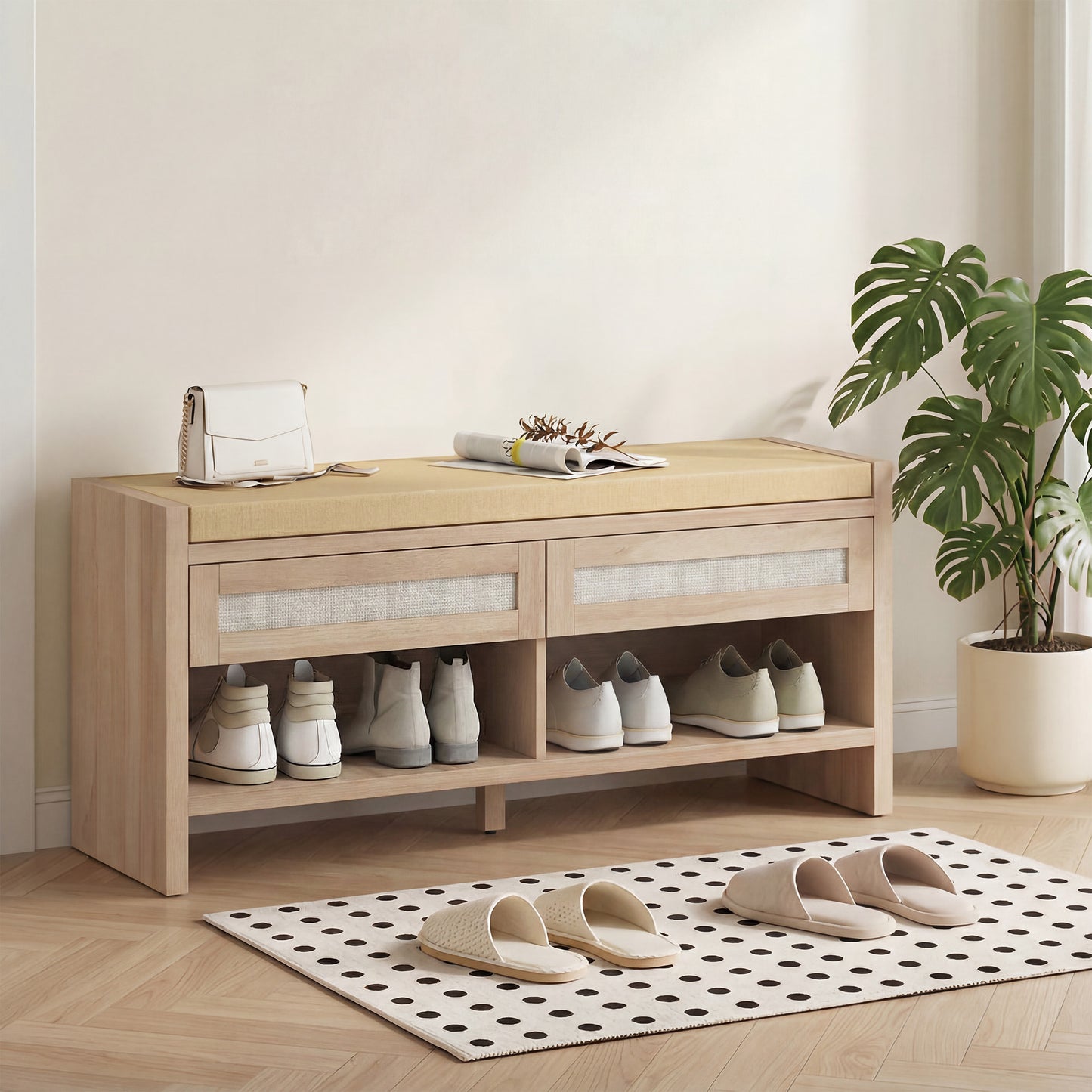 HOMCOM Boho Shoe Bench With 2 Rattan Drawers Cushioned Seat Open Shelf Oak Wood Effect