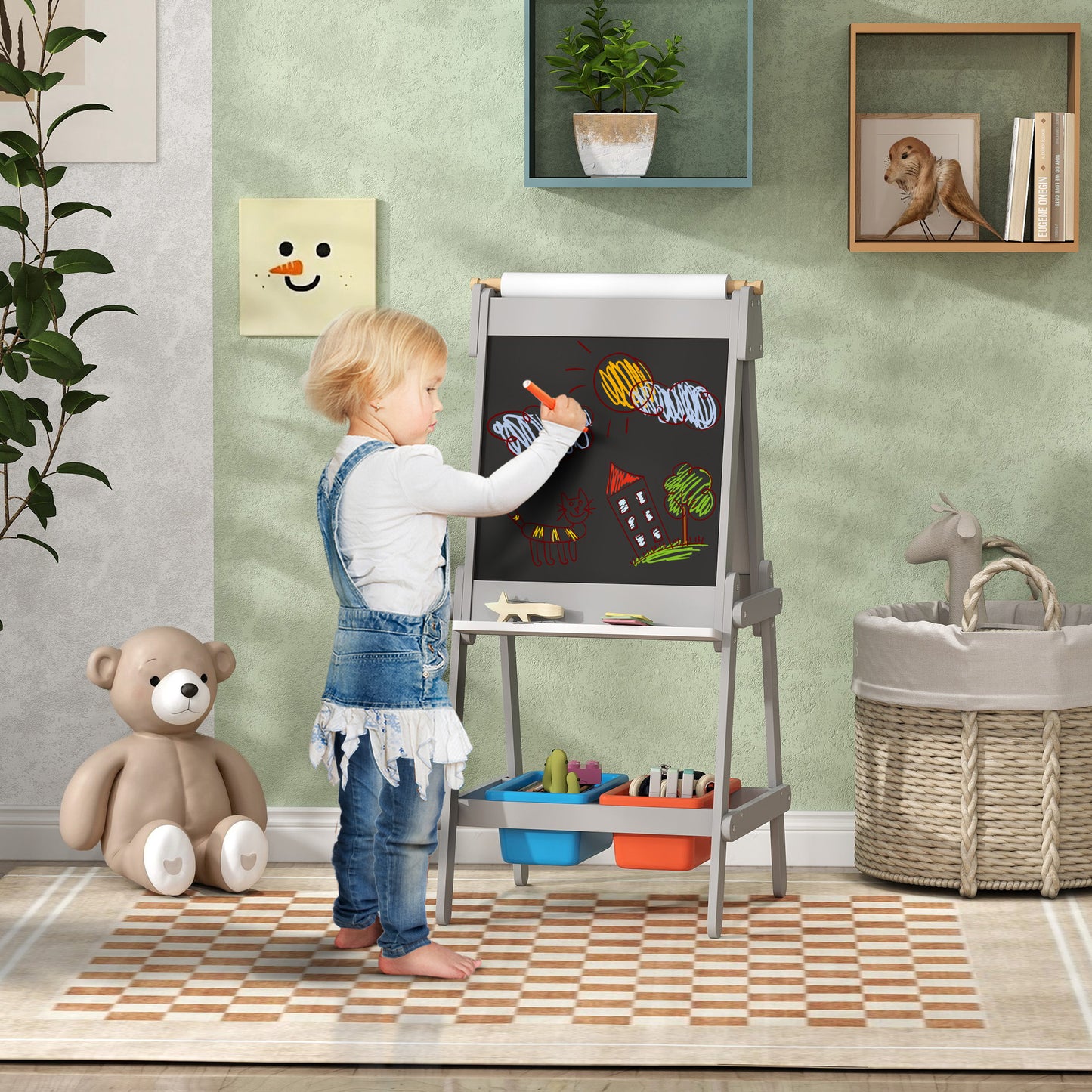 AIYAPLAY Art Easel for Kids with Paper Roll 3 in 1 Double Sided Chalkboard Whiteboard Storage Boxes