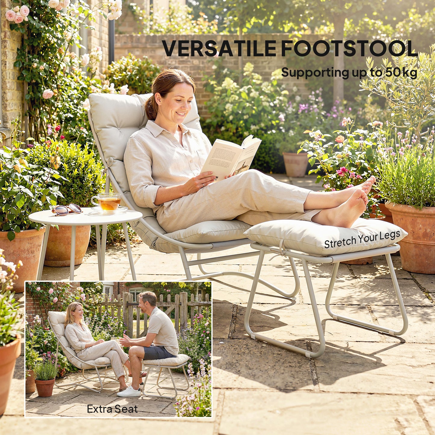 Outsunny Bistro Set Garden 3 Piece Outdoor Table And Chair With Footstool Removable Cushions Comfy Balcony Furniture