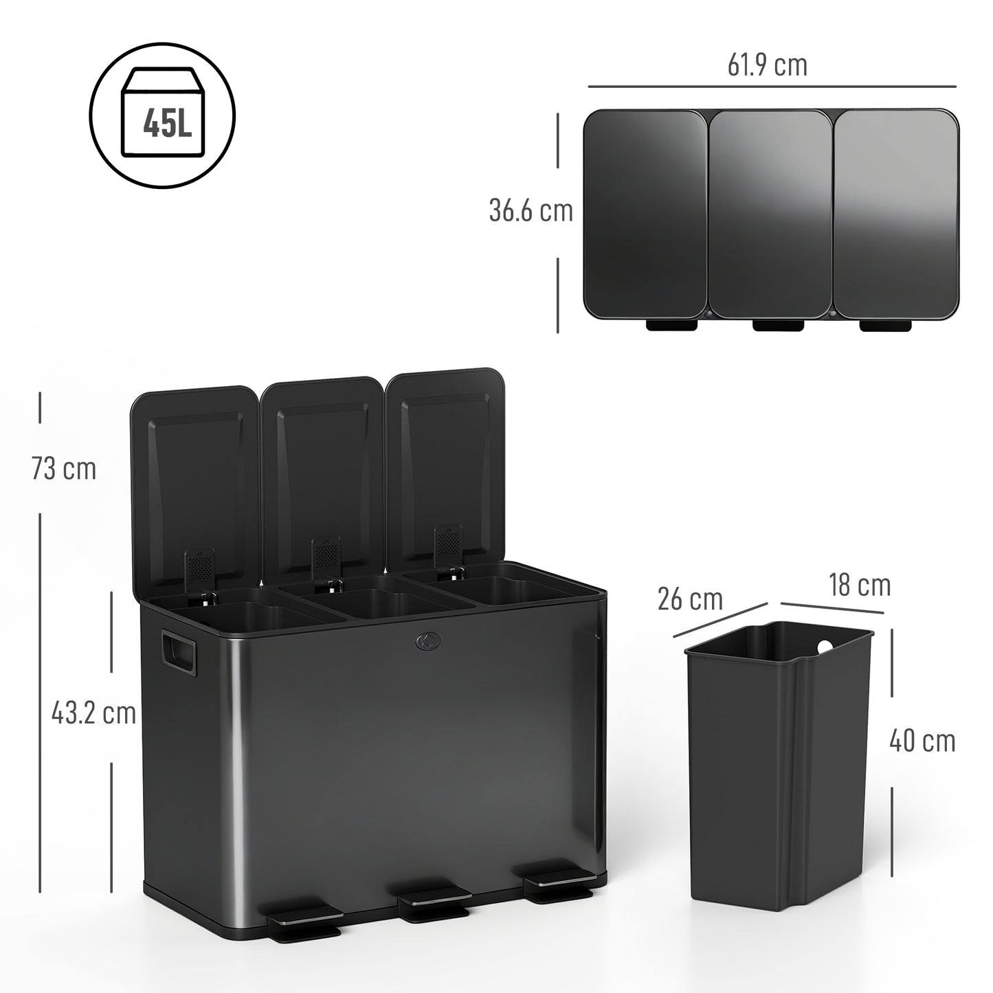 HOMCOM 3 x 15L Pedal Bin Stainless Steel Kitchen Bin With Soft Close Lid Removable Buckets Fingerprint Proof Black
