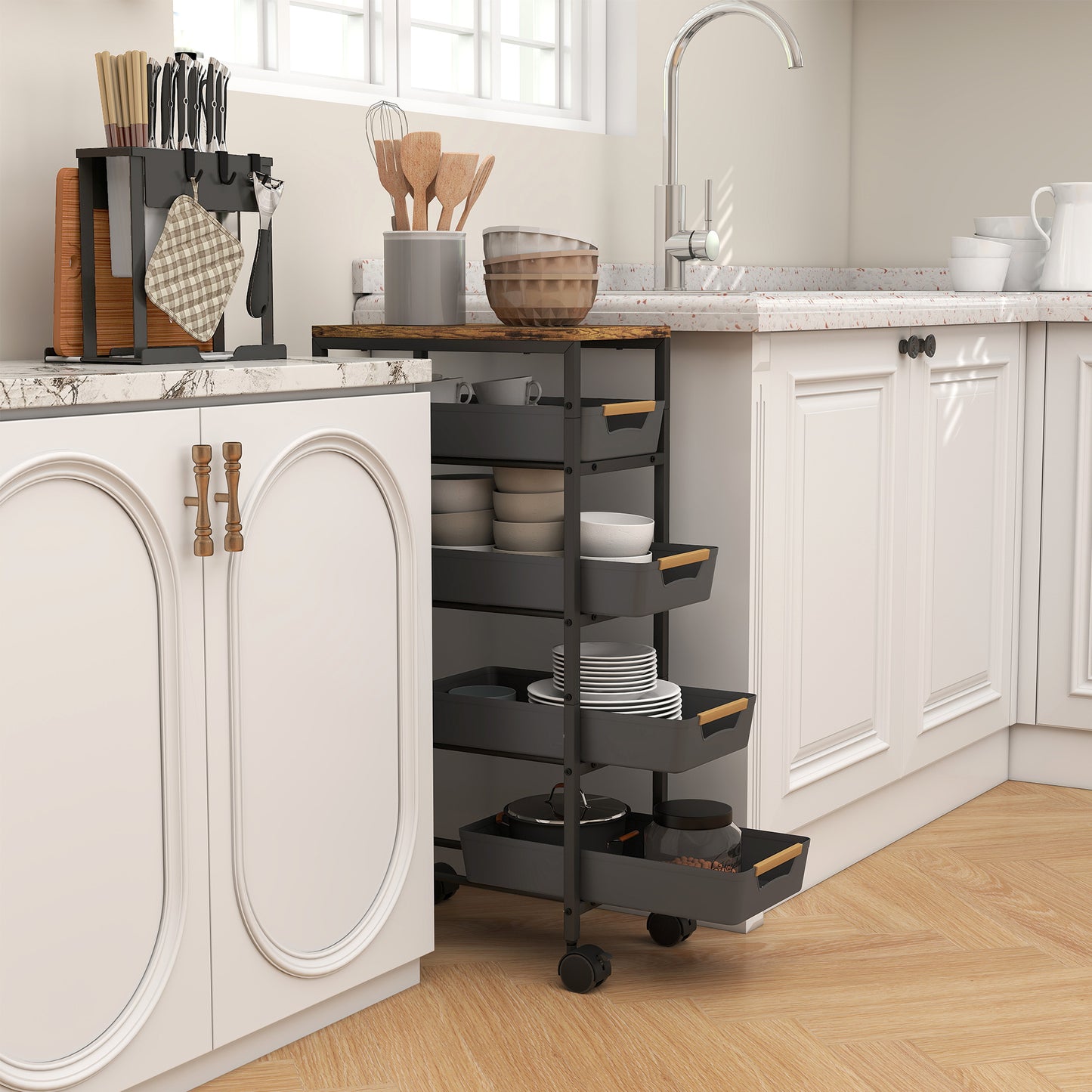 HOMCOM 5 Tier Storage Trolley On Wheels Black With Wood Effect Top Kitchen Cart For Small Spaces