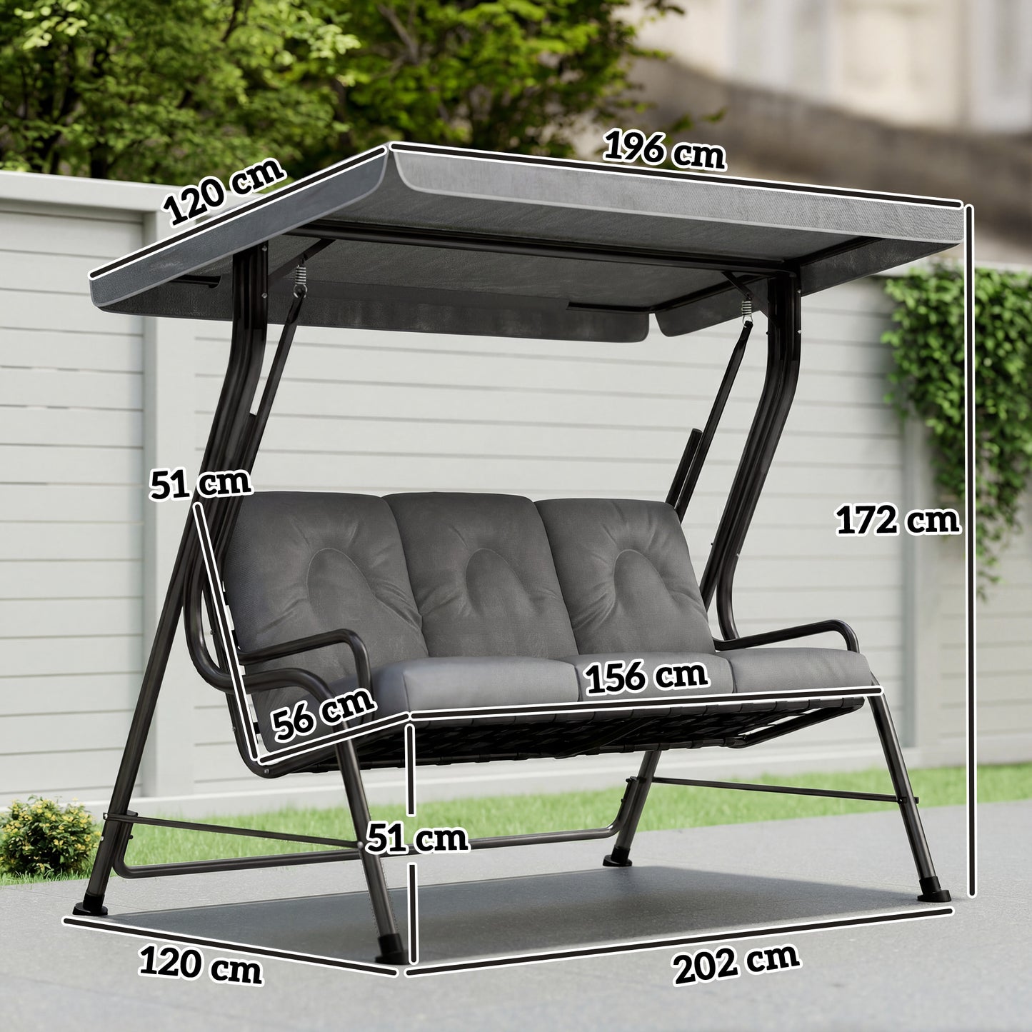 Outsunny 3 Seater Garden Swing Chair With Adjustable Waterproof Canopy Outdoor Patio Furniture Light Grey