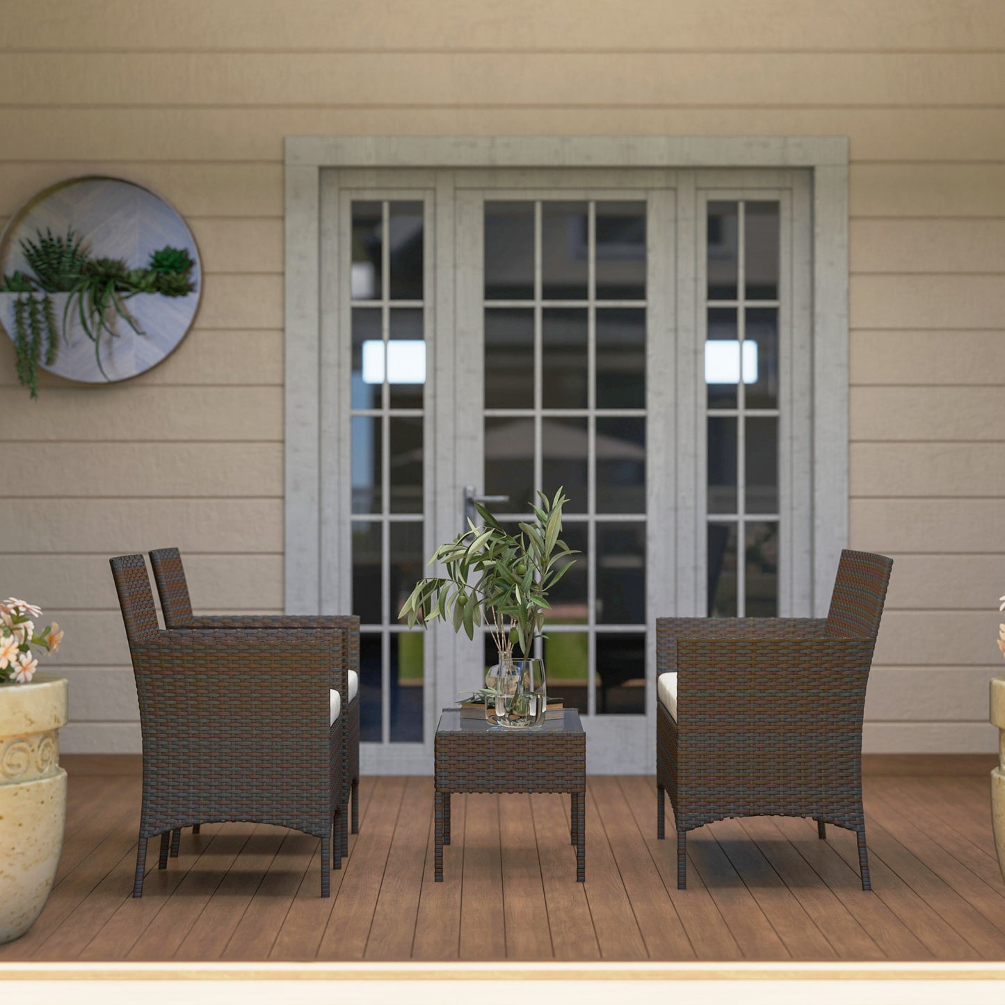 Outsunny 4 Piece Rattan Garden Furniture Set With Loveseat, Armchairs, Glass Top Coffee Table And Cushions, Brown