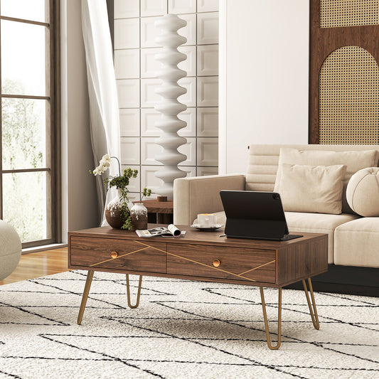 HOMCOM Coffee Table With Storage And Drawers, Rectangular Living Room Table With Steel Base Brown 100 x 50 x 41 cm