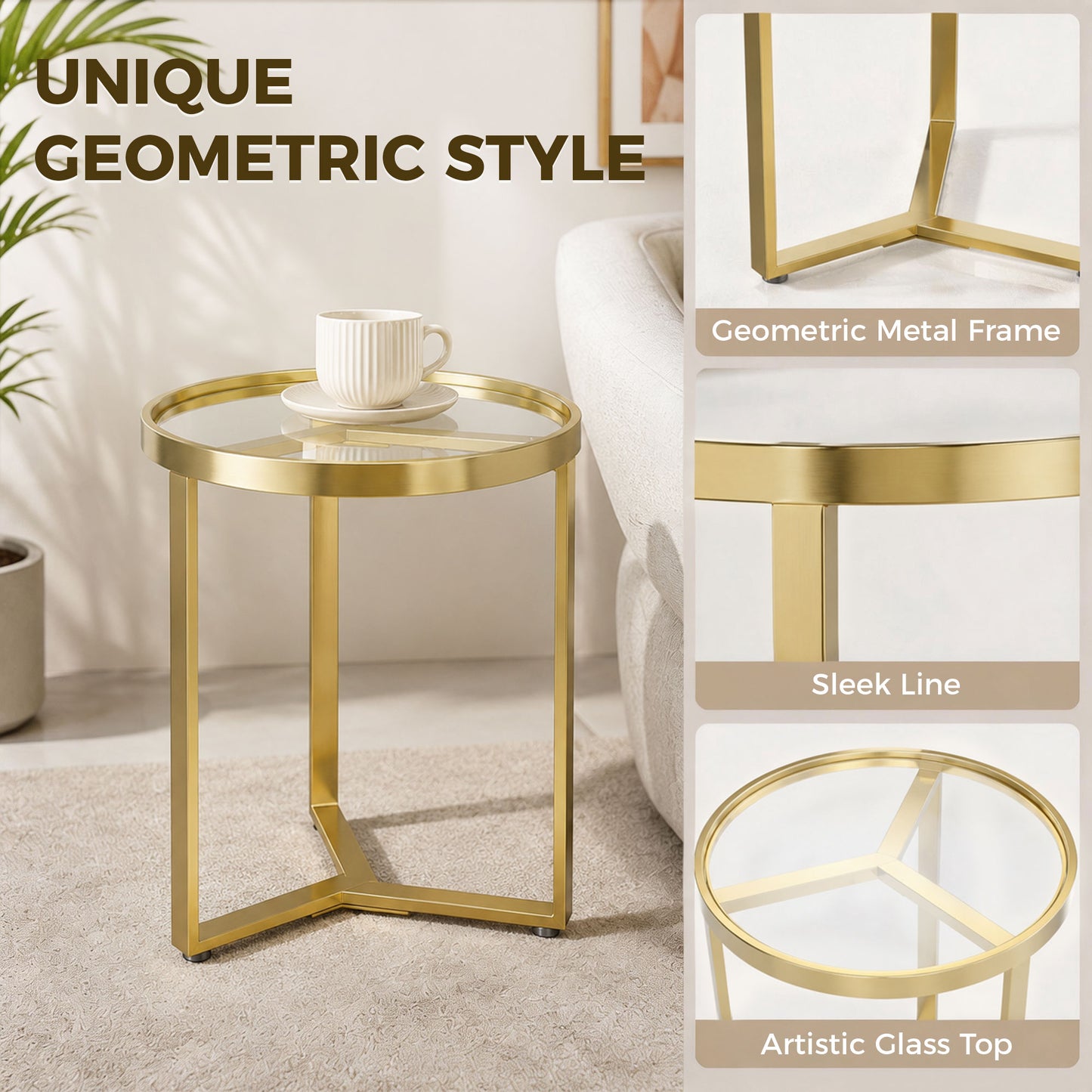 HOMCOM Round Glass Side Table With Tempered Glass Top And Geometric Metal Frame For Small Space Gold Tone