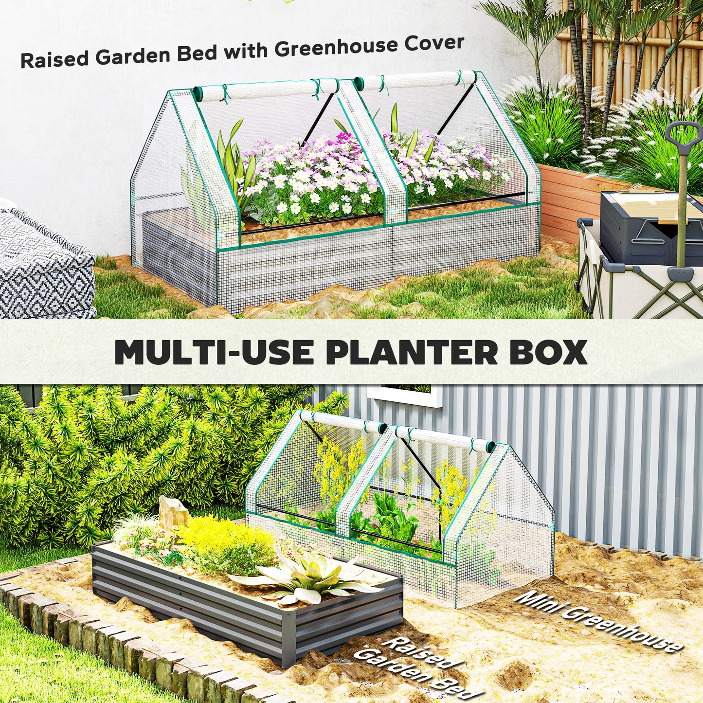 Outsunny Metal Planter Box With Cover Raised Garden Bed And Greenhouse For Herbs And Vegetables White And Dark Grey