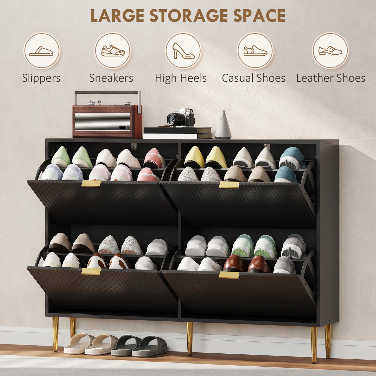 HOMCOM Elegant Four-Drawer White Shoe Cabinet With Adjustable Shelves Holds 10-20 Pairs And Gold-Colored Details
