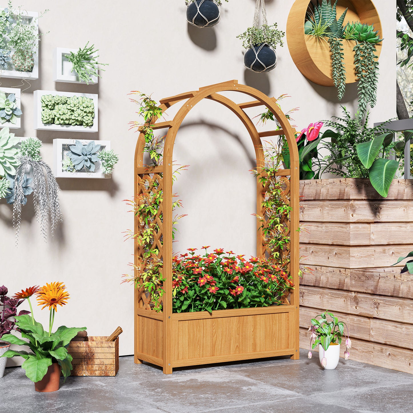 Outsunny Wooden Raised Garden Bed with Trellis Liner and Drainage Holes for Vine Climbing Plants 83 x 36 x 145 cm