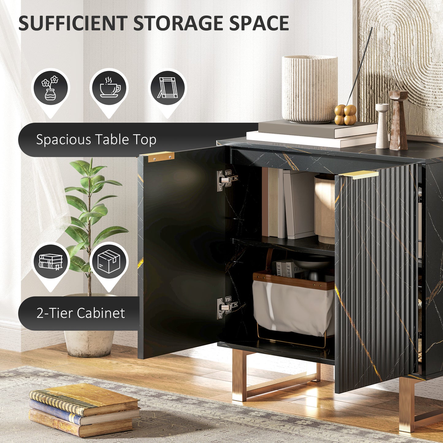 HOMCOM Marble Effect Sideboard Accent Cabinet With Adjustable Shelf Fluted Doors And Drawers Black