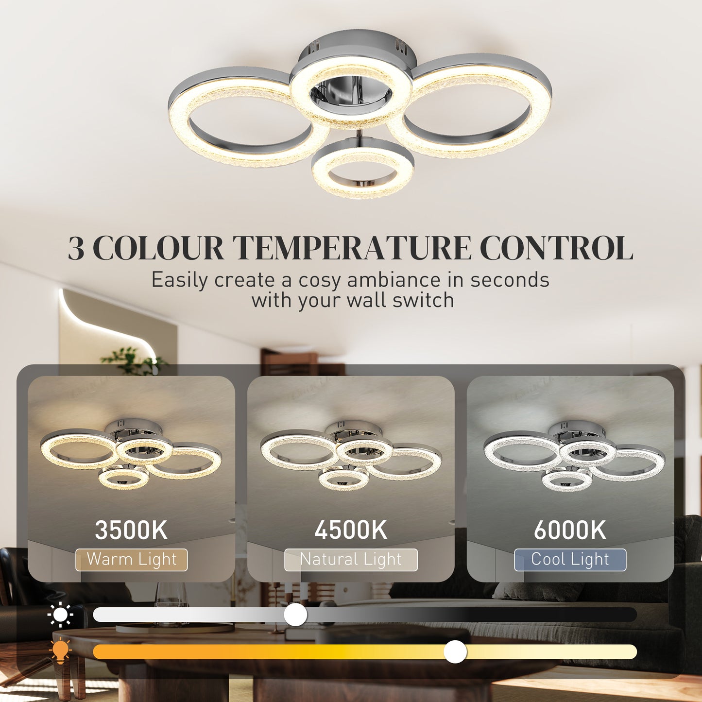 HOMCOM LED Ceiling Light 4 Ring Flush Mount With Wall Switch Control 40W 4350lm 3500K 4500K 6000K Silver