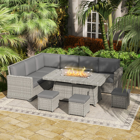Outsunny All Season Patio Sofa Set 7 Piece Rattan Fire Pit Furniture Set For Cozy Patio Evenings Grey