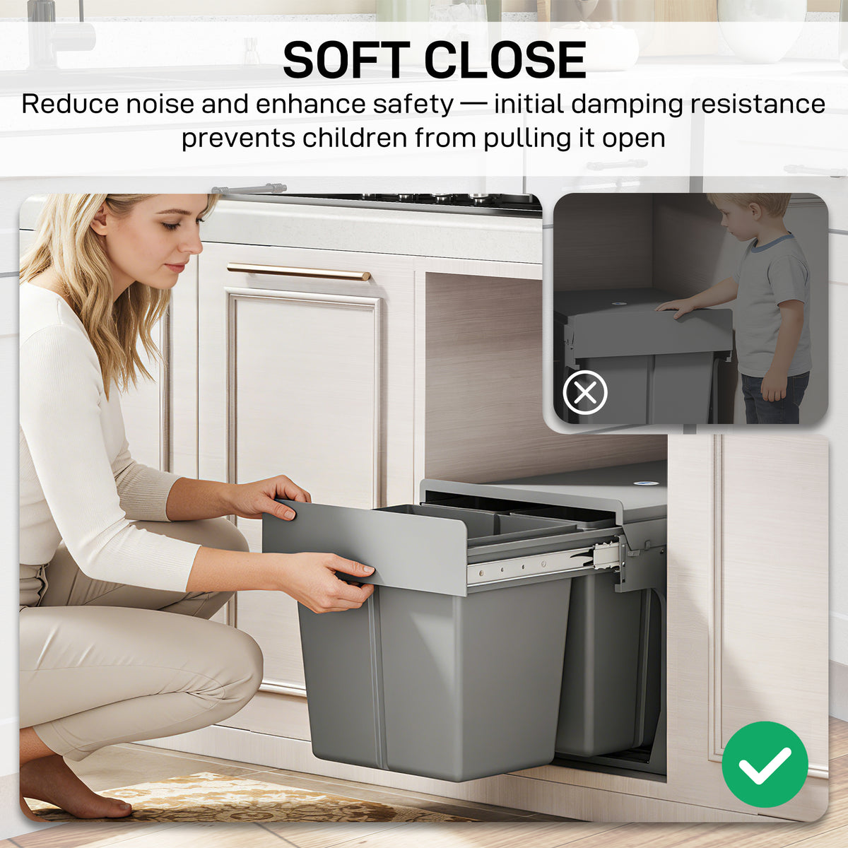 HOMCOM Pull Out Under Sink Bin 31L With 3 Compartments For 400mm Cabinets