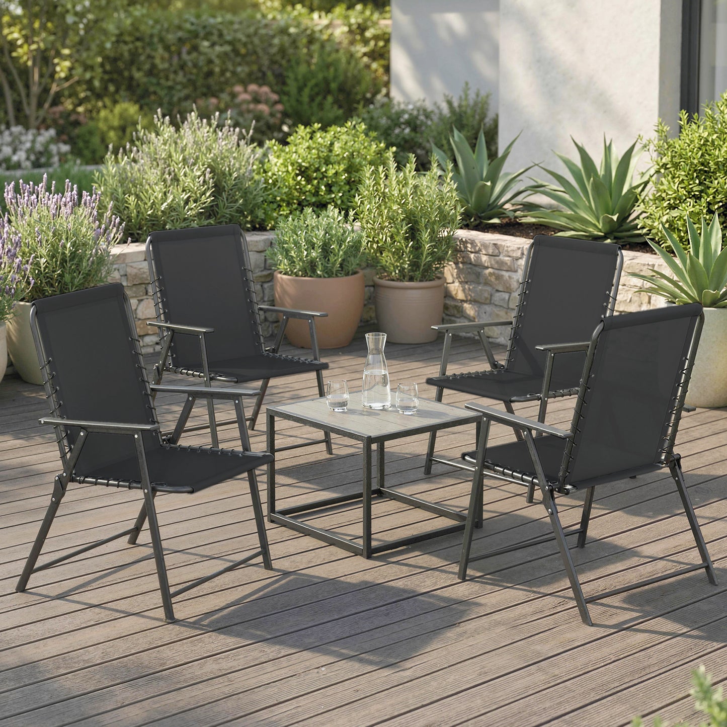 Outsunny Folding Garden Chairs Set of 4 Outdoor Dining Chairs with Wide Texteline Seat High Back and Armrests Black
