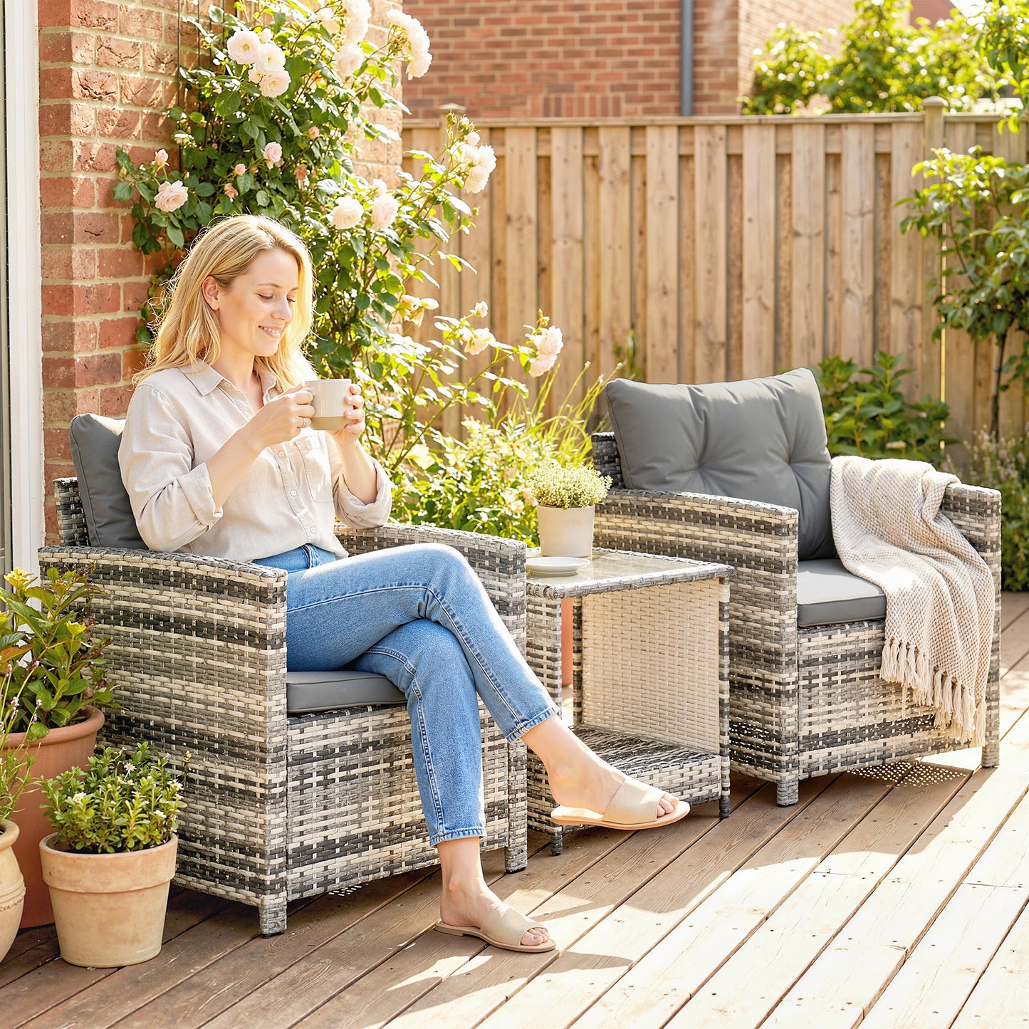Outsunny Rattan Bistro Set 3 Piece Garden Furniture With 2 Tier Glass Top Table And Cushions Mixed Grey