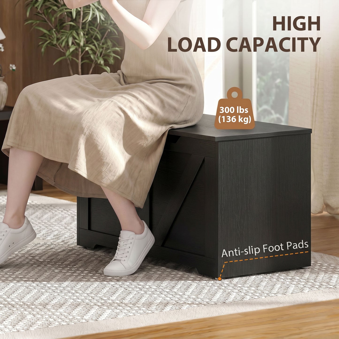 HOMCOM 100L Storage Box Bench With Safety Hinge Black Wood Effect Chest For Living Room