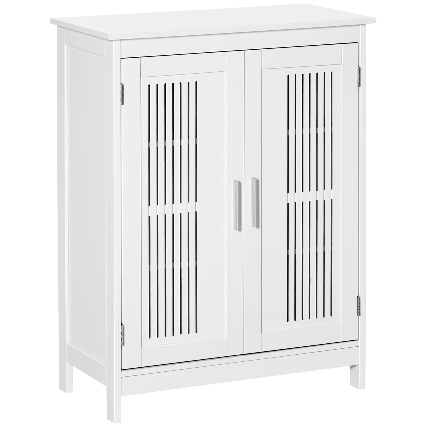 White wooden cabinet with slatted double doors and silver handles, modern home storage