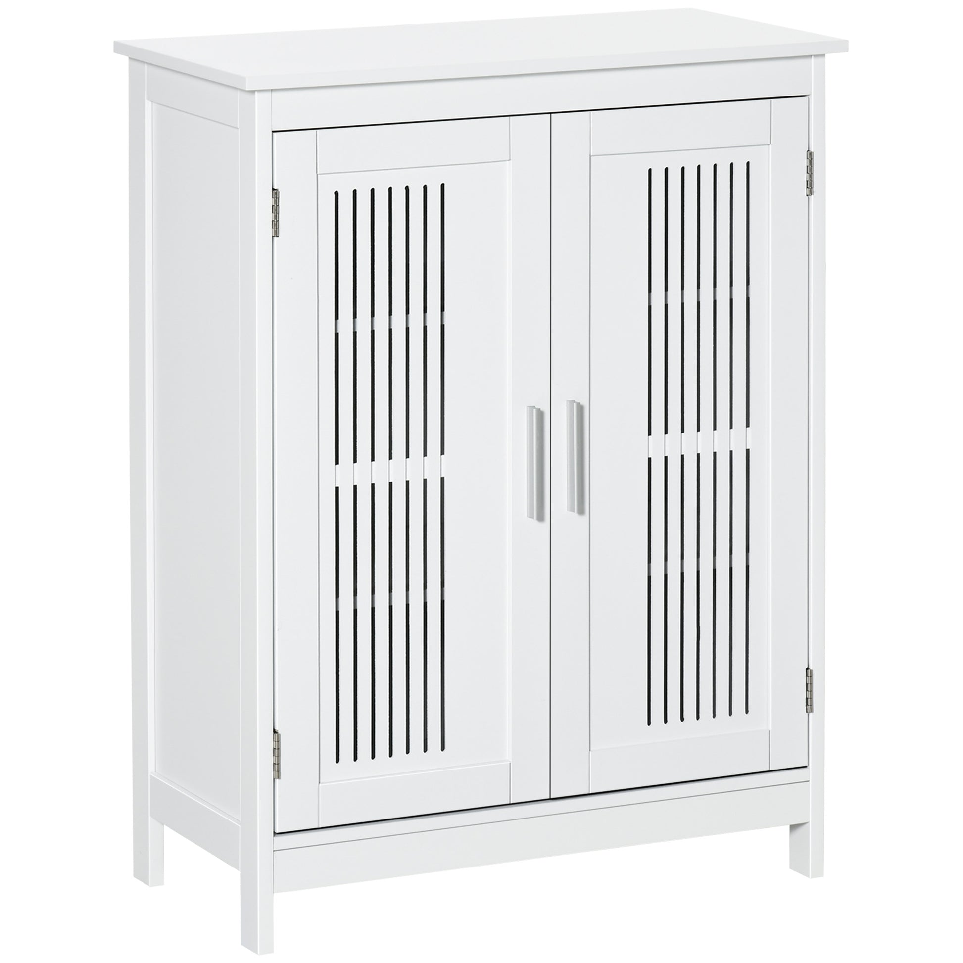 White wooden cabinet with slatted double doors and silver handles, modern home storage