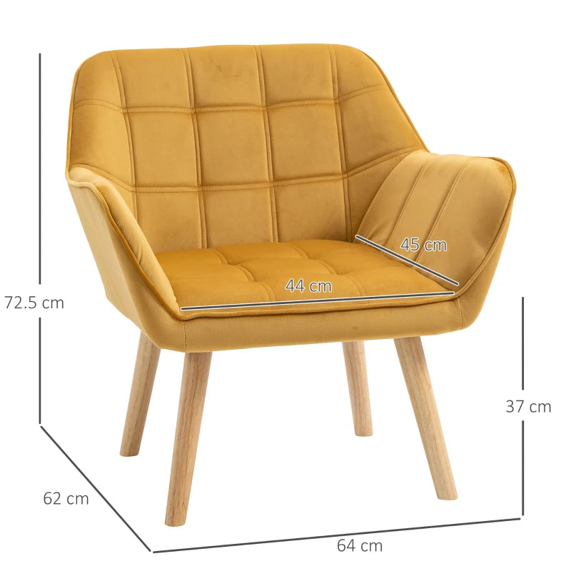 HOMCOM Set Of 2 Modern Yellow Armchairs with Wide Arms, Slanted Back, Rubber Wood Legs - Ideal for Living Room, Bedroom, Home Office Décor