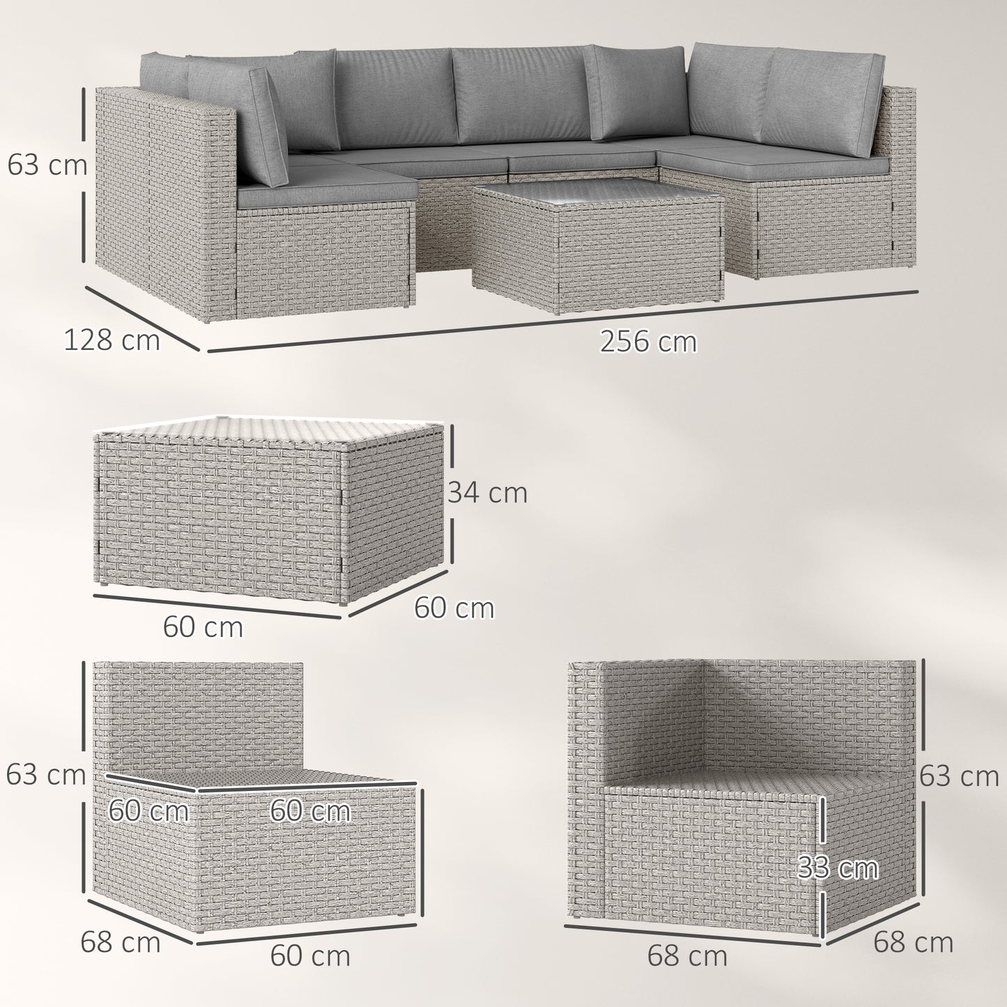Outsunny Seven Piece Modular Rattan Set Grey For Outdoor Garden Balcony With Corner Chairs And Table Steel Frame