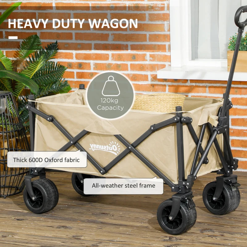 Outsunny Folding Garden Trolley, Outdoor Wagon Cart with Carry Bag - 120KG Capacity, Khaki - Ideal for Beach, Camping, Festivals