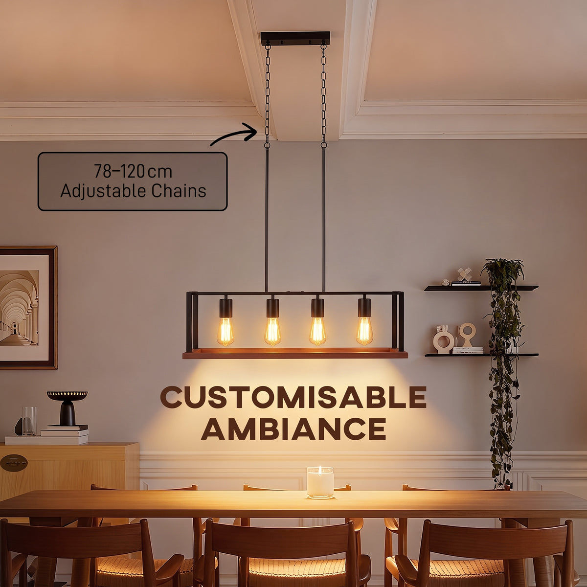 Adjustable chain pendant light with four exposed bulbs in a black rectangular frame
