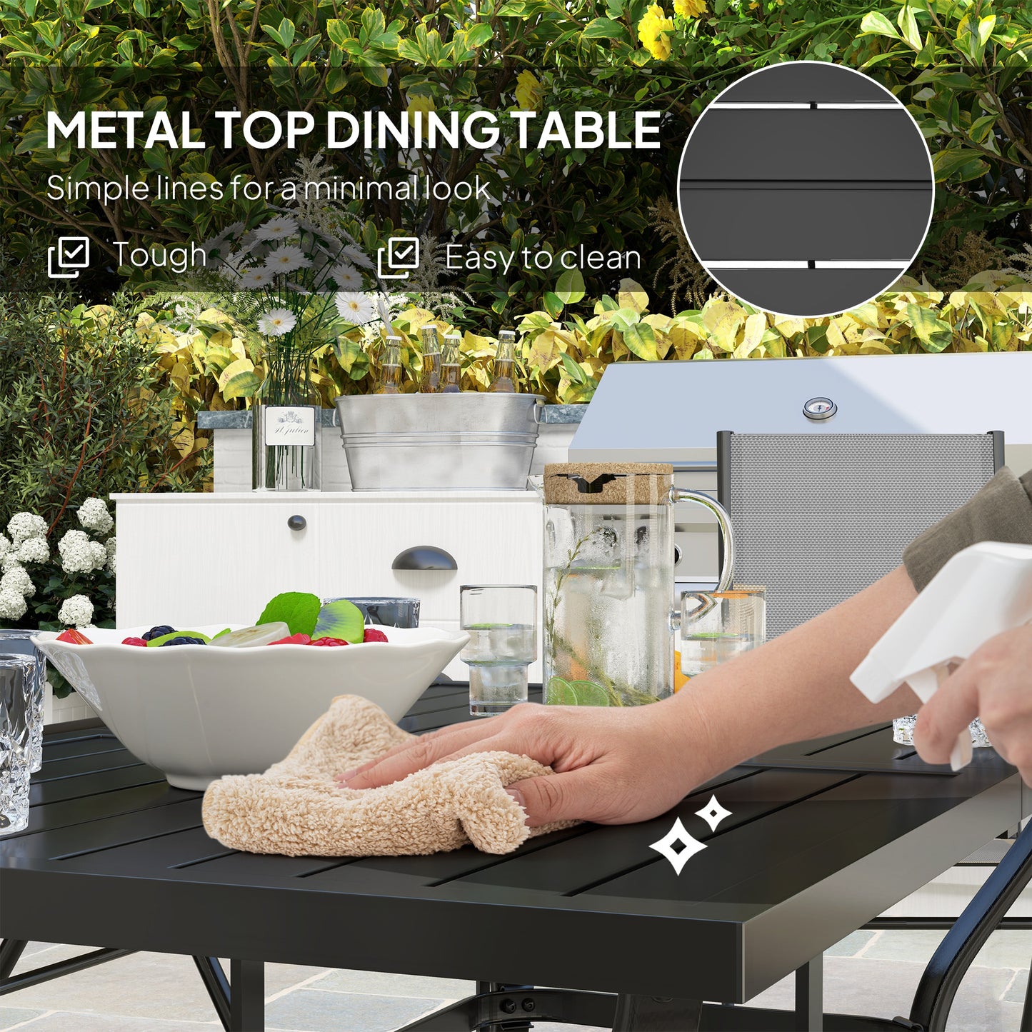 Outsunny Seven Piece Steel Outdoor Dining Set With Parasol Hole Grey Table And Six Folding Chairs