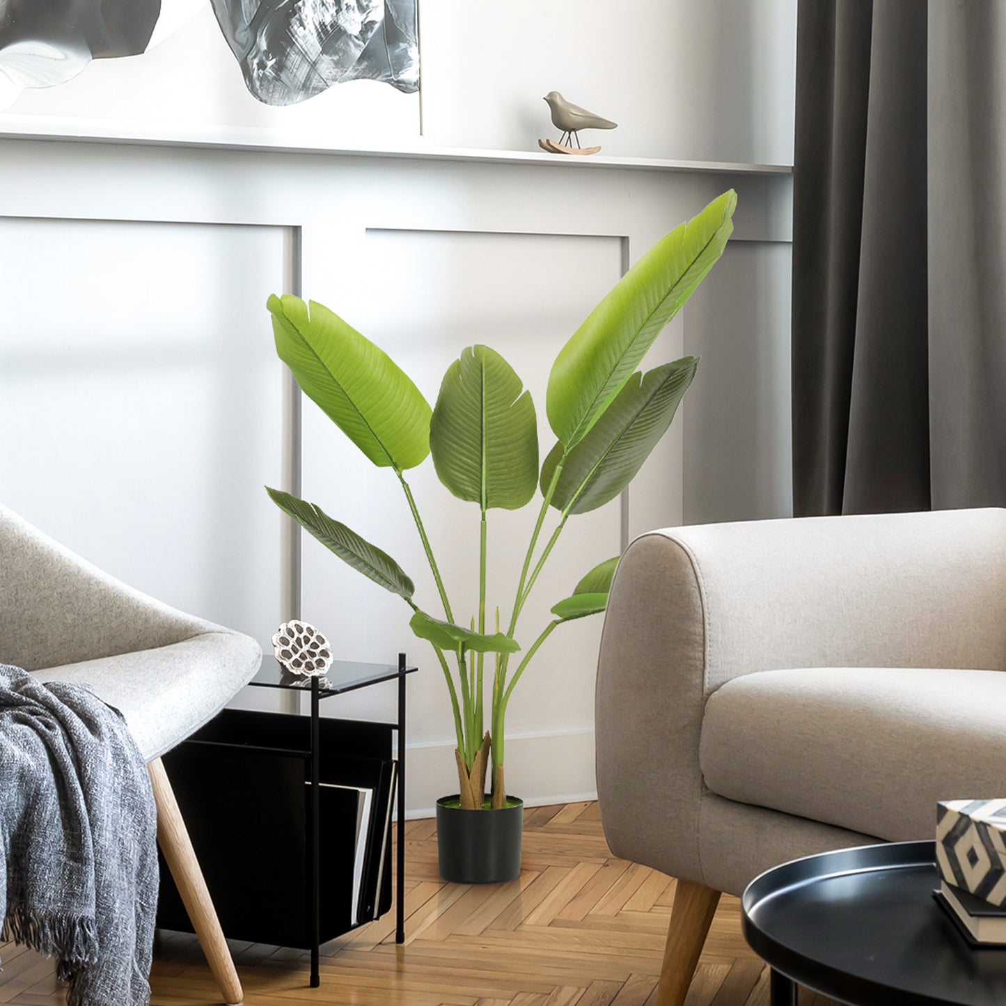 HOMCOM 109cm Artificial Bird of Paradise Plant in Pot with PEVA Leaves Banana Leaf Tree for Home Office Decor Green