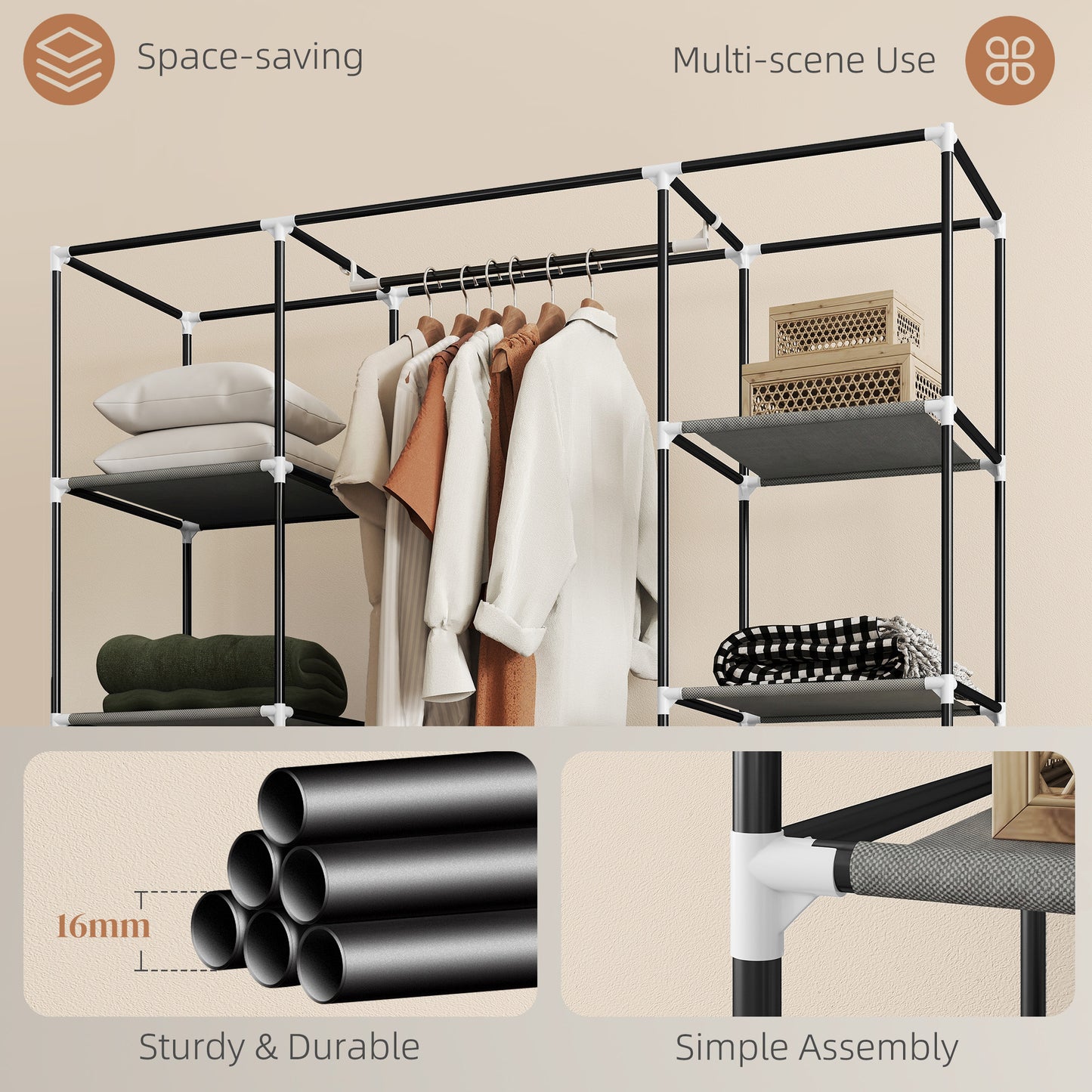 HOMCOM Fabric Wardrobe With Hanging Rail And Ten Shelves Portable Foldable Clothes Storage Dark Grey