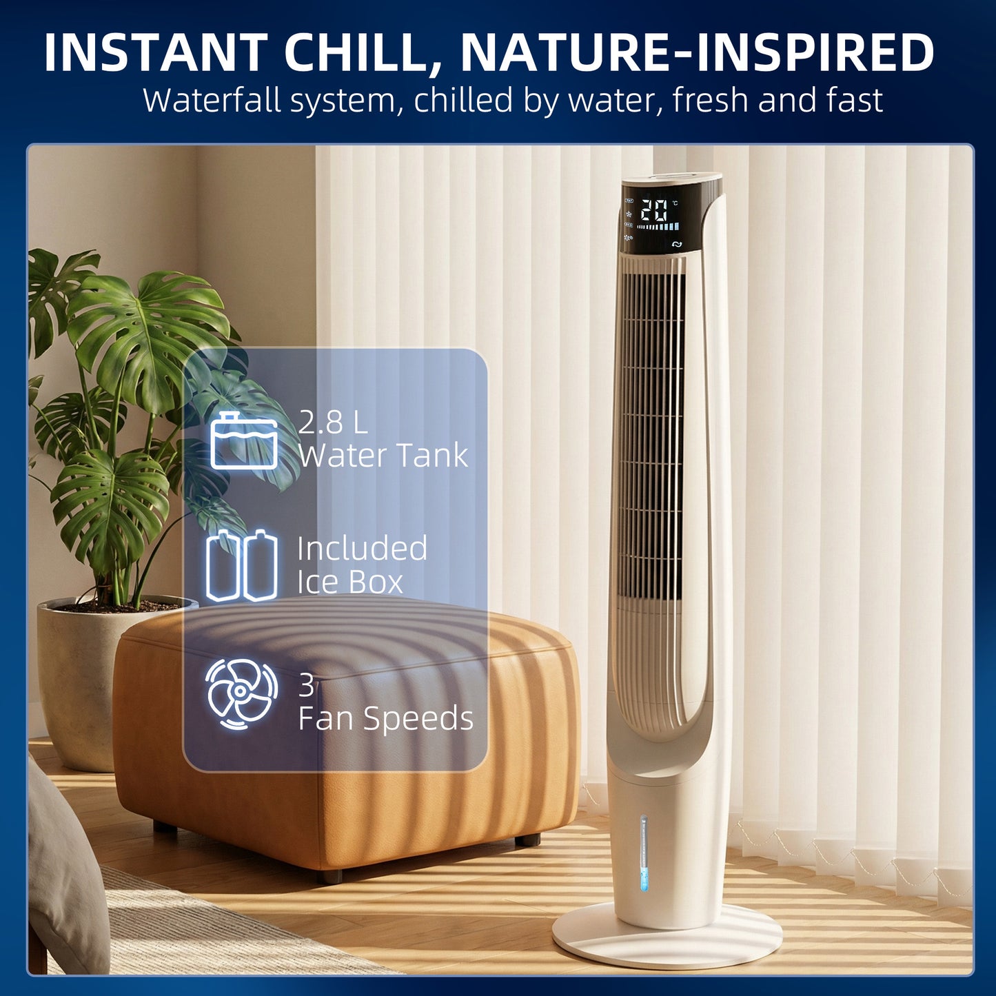 HOMCOM Ice Cooling Air Cooler With LED Display Remote Control Oscillating Fan 3 Speeds 4 Modes 12 Hour Timer White