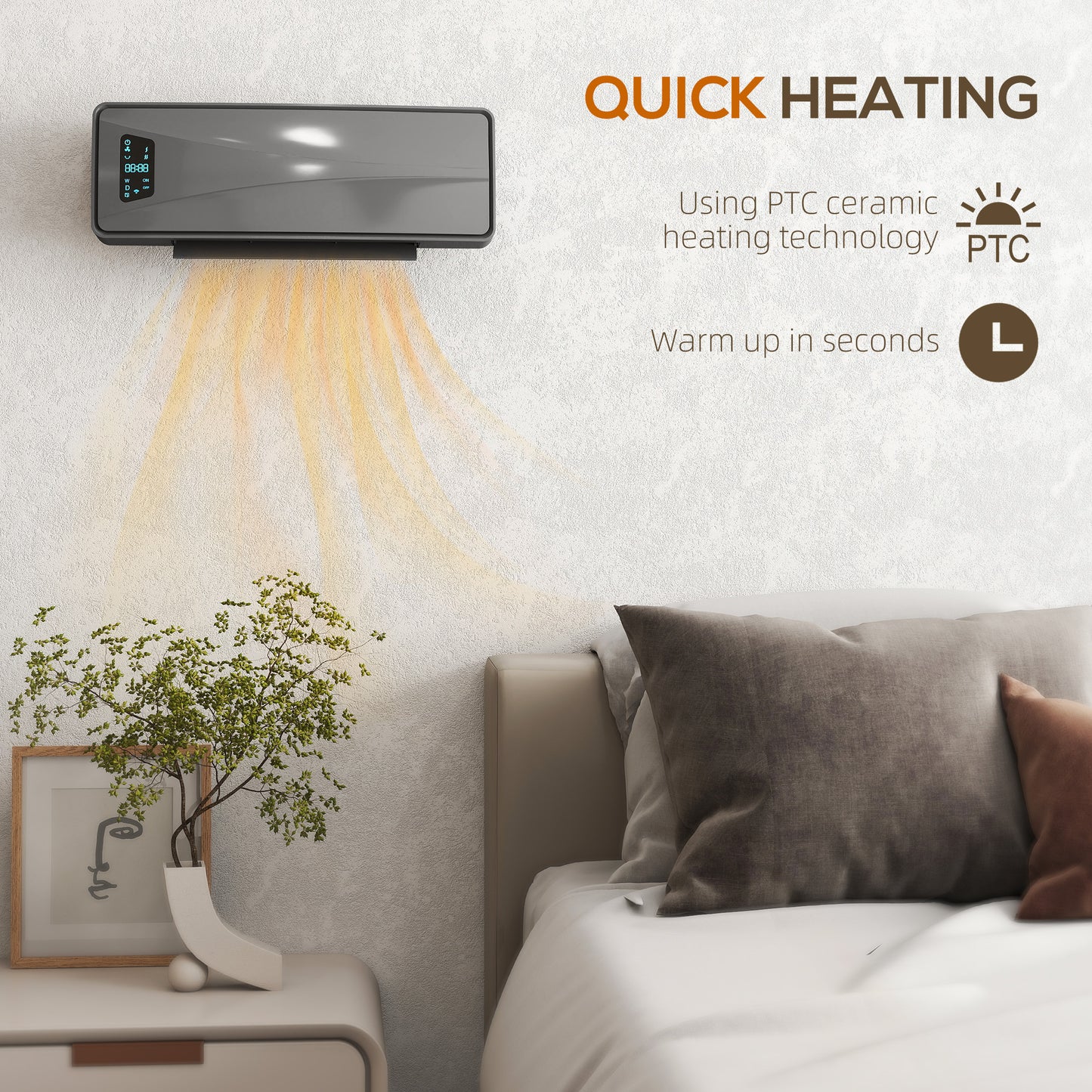 Homcom 2000W Ceramic Electric Heater With Fan Adjustable Thermostat Wall Mounted Grey