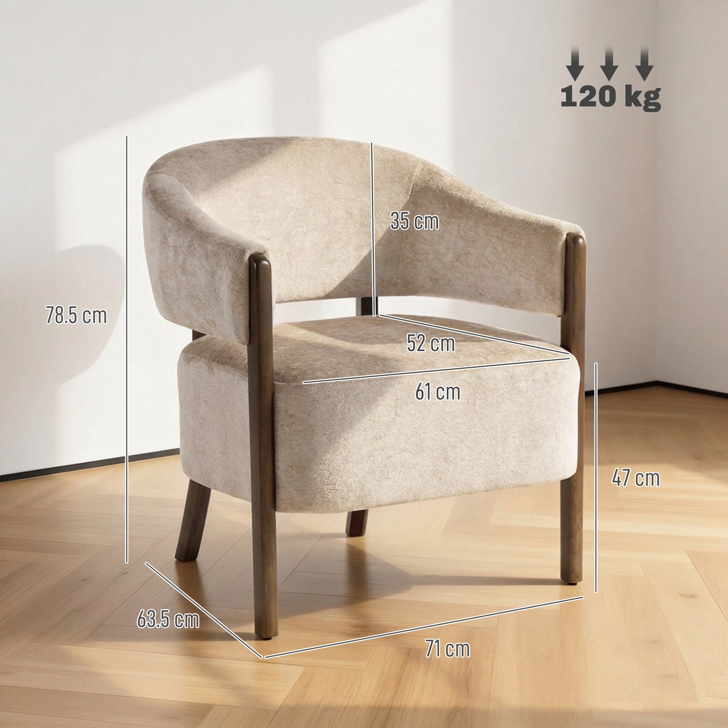 HOMCOM Chenille Upholstered Accent Chair With Wide Seat And Solid Wood Frame Beige Living Room Tub Chair Armchair