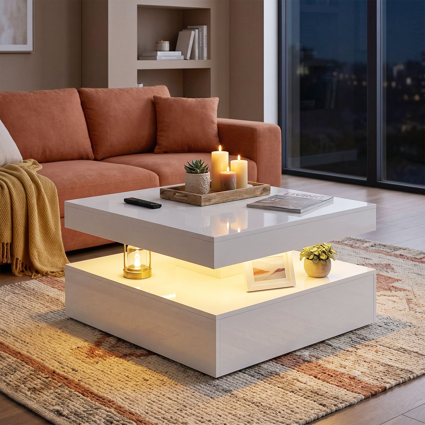HOMCOM LED Coffee Table With Storage And RGB Lighting, 2-Tier Modern Centre Table With Open Shelf, Remote