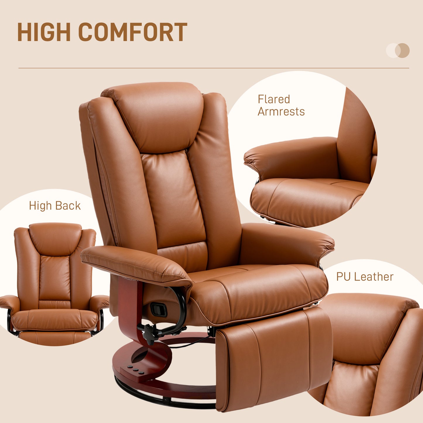 HOMCOM Faux Leather Recliner Chair Brown With 135 Degree Recline Built In Footrest And 360 Degree Swivel